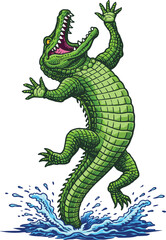 Obraz premium Funny cartoon crocodile jumping out of water splash - Vector Illustration