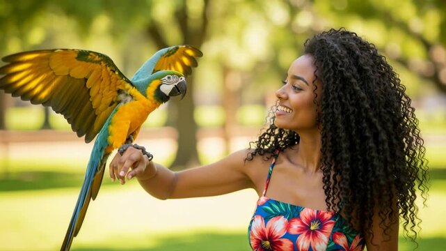 Smiling woman holding a blue-and-yellow macaw parrot in a sunny park. Exotic bird flapping wings on a lady's arm. Tropical nature and pet concept