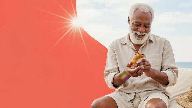 Senior African American man holding a pet hamster. Happy elderly male sitting outdoors with red copy space background. Lifestyle and retirement concept. Pet shop and vet clinic ad