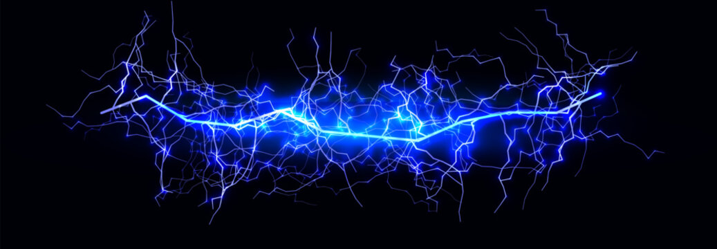 Thunder Storm Lightning Power Neon Effect Energy Line Background. Spark Flash Black Blue Charge. Realistic Magic Shock Bolt Blue Glow Bright. Lightening Strike Storm Thunderbolt. Vector illustration.