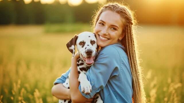Happy young woman hugging her Dalmatian dog in a sunlit field at sunset. Smiling female owner embracing her pet while the dog licks her face. Friendship and animal care concept