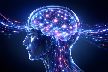 Artificial intelligence concept showing a human head with a glowing digital brain and neural network connections. Visualization of machine learning, deep learning, data processing, and advanced cognit
