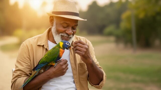 Senior African American man feeding a colorful parrot in a park. Happy elderly male holding a tropical bird during sunset. Retirement lifestyle concept