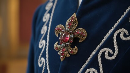 Detailed view of ornate fleur-de-lis brooch pinned to a velvet costume