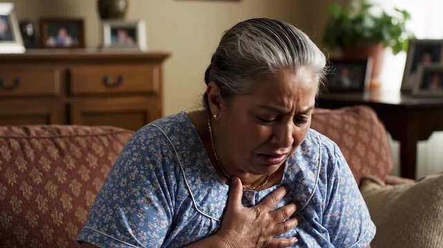 Elderly woman clutches chest in pain