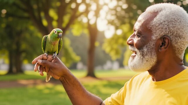 Senior African American man holding a green parrot on his hand in a sunny park. Happy elderly male smiling at his pet bird outdoors. Pet shop and vet clinic ad