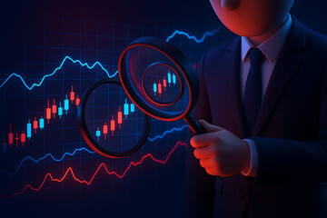 Business analyst holding magnifying glass examining trading chart with glowing red and blue graph lines representing financial data analysis