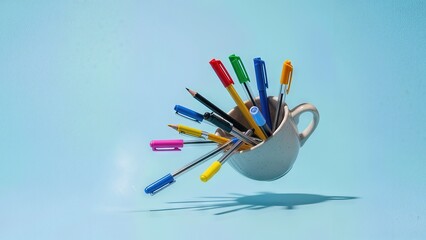A white mug filled with colorful pens and pencils appears to be floating on transparent background