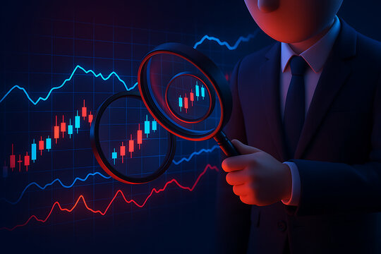 Business analyst holding magnifying glass examining trading chart with glowing red and blue graph lines representing financial data analysis - Powered by Adobe