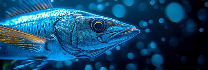 Close-up profile of metallic blue fish with golden fins swimming in dark blue water filled with bokeh lights