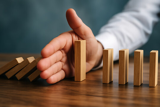 Concept of stopping chain reaction with hand blocking dominoes representing security responsibility stability success and protective decision making