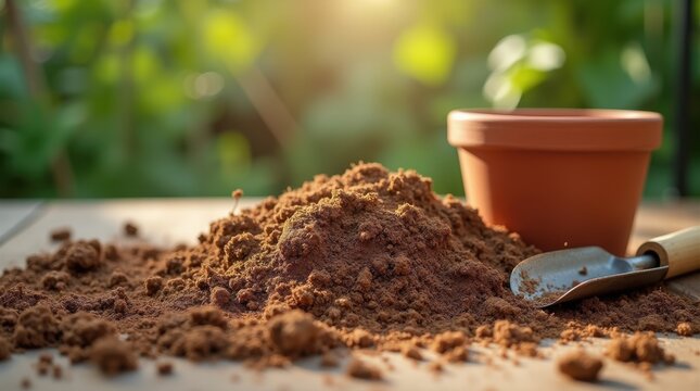 Eco-friendly dry coco coir substrate from bricks, ready for potting soil use with trowel and empty pots for gardening.