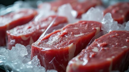 Frozen meat cuts in vacuum-sealed bags with shimmering ice crystals under warehouse lighting, highlighting protein preservation and retail food safety standards.