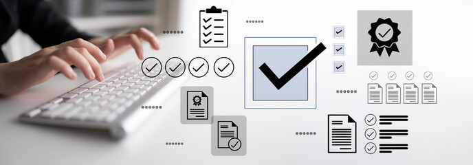 A close-up view of hands typing on a keyboard surrounded by checklists and approval icons...
