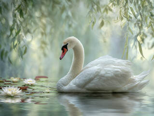 Obraz premium Elegant white swan gliding on calm water surrounded by blooming water lilies and soft hanging willow branches in a serene natural setting