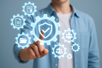 Cybersecurity and data protection concept with person touching holographic gear icons for privacy secure access and management