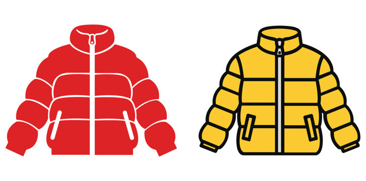 This graphic showcases two vibrant, stylized puffer jackets, one in a striking red hue and the other in a cheerful bright yellow, both featuring distinct quilted segments and zippered fronts