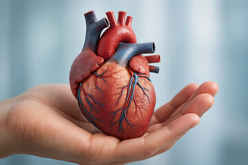 Detailed artificial representation of human heart placed in palm illustrating healthcare education and anatomy learning