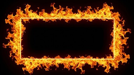 Flaming rectangle frame with orange and yellow flames on black background