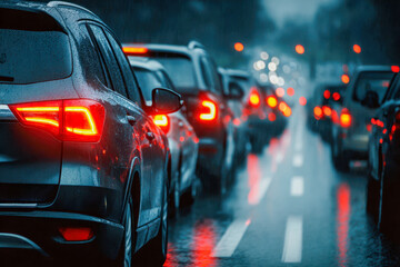 Naklejka premium Cars lined up in heavy rainy traffic during twilight with glowing red brake lights reflecting on wet asphalt on a busy urban street at dusk