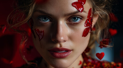 Una modella attraverso una pioggia di petali rossi a forma di cuori anatomici, ognuno dei quali si dissolve sulla sua pelle, l'amore come sensazione e impatto, la moda come immersione emotiva