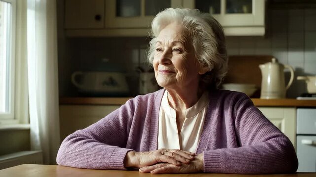Elderly woman sitting at table, potrait 