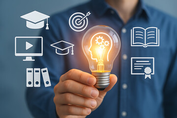 Digital education inspiration with illuminated light bulb and school icons symbolizing knowledge training success creativity and development