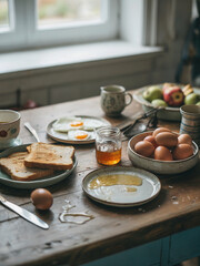 Rustic breakfast table with eggs, toast, honey and fruit in soft natural light. Simple homemade morning meal with relaxed, imperfect arrangement. AI generated illustration.