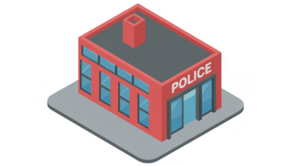 Red police station building isometric isolated on a transparent background