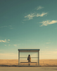 Lonely woman standing at rural bus stop in wide open field under clear sky. Concept of waiting, travel, solitude and quiet countryside atmosphere.