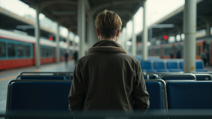 Person sitting alone at a train station, seen from behind, surrounded by empty seats and trains. Quiet travel moment, waiting, solitude and everyday transportation. AI generated illustration.