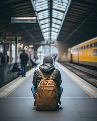 Traveler sitting alone on a railway platform with a backpack, waiting for a train. Candid moment, urban travel atmosphere, solitude and everyday journey concept. AI generated illustration.