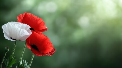 A striking trio of red and white poppies against a soft green background, embodying beauty and nature's elegance, perfect for floral enthusiasts and art lovers alike.