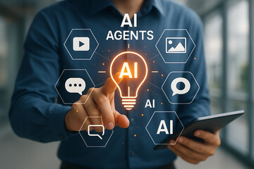 Futuristic AI agents interface with smart communication and media icons symbolizing automation digital technology machine learning and insight