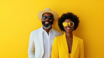 A fashionable couple stands confidently in front of a vibrant yellow backdrop, radiating joy and style, capturing the essence of modern relationships and lifestyle.