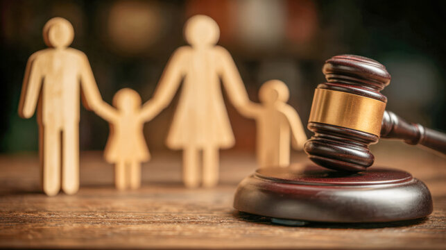 Wooden family figures holding hands behind a judicial gavel representing legal issues related to family rights and court decisions on a wooden surface
