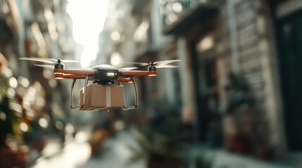 A modern drone carrying a package flies through a vibrant urban setting, showcasing the growing trend of delivery technology and innovation in logistics.