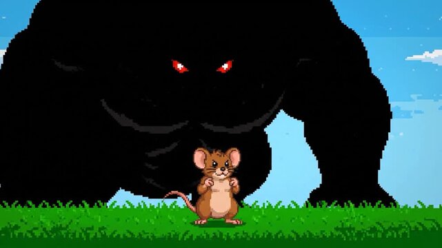 A pixelated brown mouse faces a giant black shadowy figure with red eyes, with grass and sky