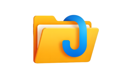 Yellow file folder icon with blue link symbol isolated on transparent background