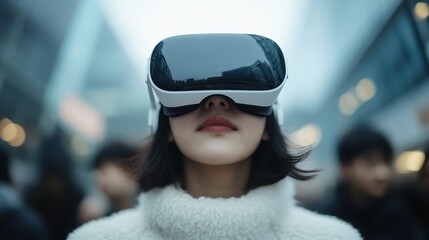 This modern image presents a young woman immersed in a virtual reality experience, representing the convergence of technology and personal engagement in a digital world.