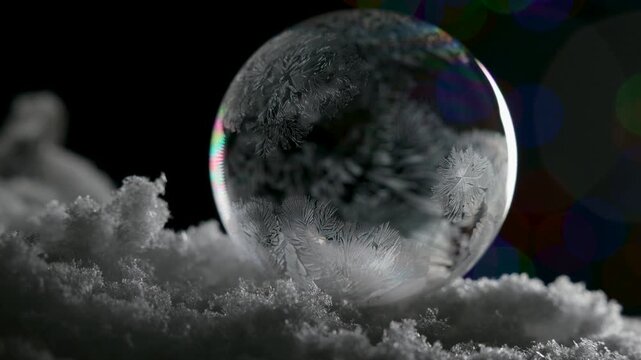 soap bubble freezing on snow ice crystallization in winter