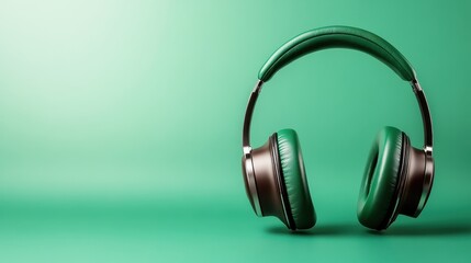 A pair of sleek green headphones elegantly placed against a gradient background, highlighting modern audio technology and the joy of music in an artistic composition.