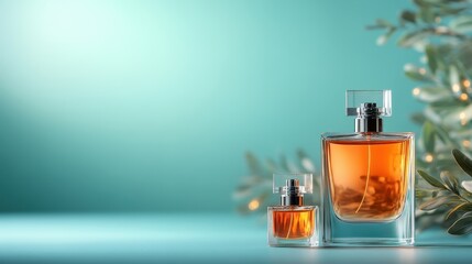 An artistic composition featuring two stylish perfume bottles, elegantly placed with a soft, calming background, suggesting luxury and sophistication.