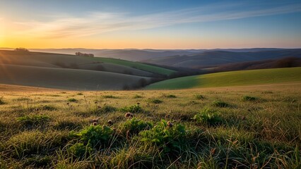 Fototapeta premium Sunrise over rolling green hills and valleys in a serene rural landscape.