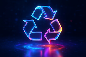 Futuristic neon glowing recycle symbol hologram representing sustainability eco conservation renewable resources and environmental awareness
