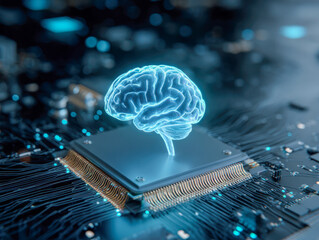 Futuristic concept of artificial intelligence with glowing brain hologram emerging from a computer chip on a complex circuit board background