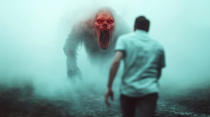 A terrifying creature emerges from the fog, facing a person head-on, capturing a moment of fear and awe in a suspenseful and intense atmosphere.