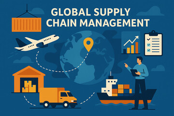 Global supply chain management concept with shipping logistics airplane truck warehouse and cargo ship symbolizing worldwide distribution