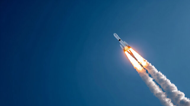 A rocket launching into space with a blue sky in the background