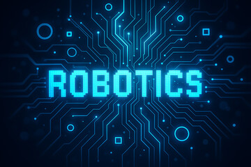 Glowing digital typography robotics with neon circuit board background symbolizing futuristic technology artificial intelligence and modern electronic innovation